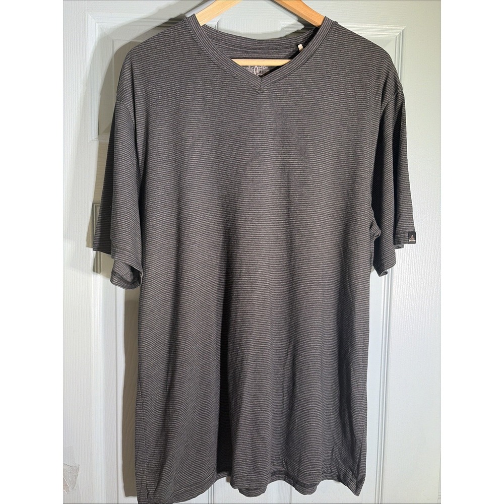 PRANA MENS XLARGE Tall SHORT SLEEVE GRAY BLACK STRIPE V NECK PULLOVER TEE
